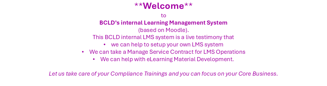 welcome message for BCLD LMS 